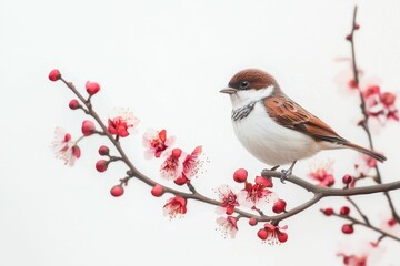 Obraz premium Small bird perched on blooming branch.