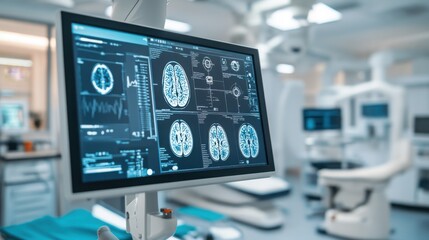Fototapeta premium Detailed brain scan images on display screens reveal intricate neural pathways and structures, showcasing the complexity and precision of human cognitive processes.