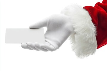 A depiction of Santa Claus's hand gripping a white card with room for text on a red backdrop