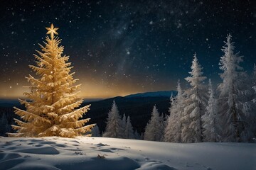 Fototapeta premium Magic of a Winter Night, Golden Tree and Falling Snowflakes in the Woods