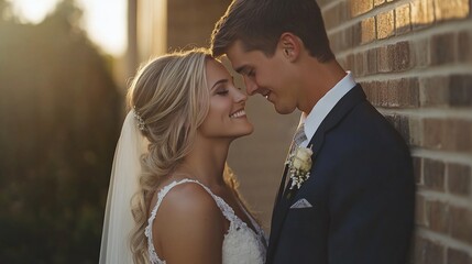 A loving couple, bride and groom, face each other tenderly against a brick wall, bathed in warm sunlight, expressing affection and happiness.