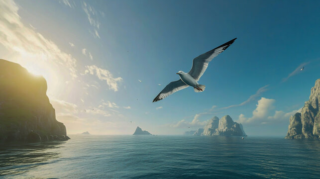 Seagull soaring through the sky, capturing the essence of freedom and coastal beauty