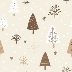 Minimalist seamless pattern of cute Christmas tree and stars