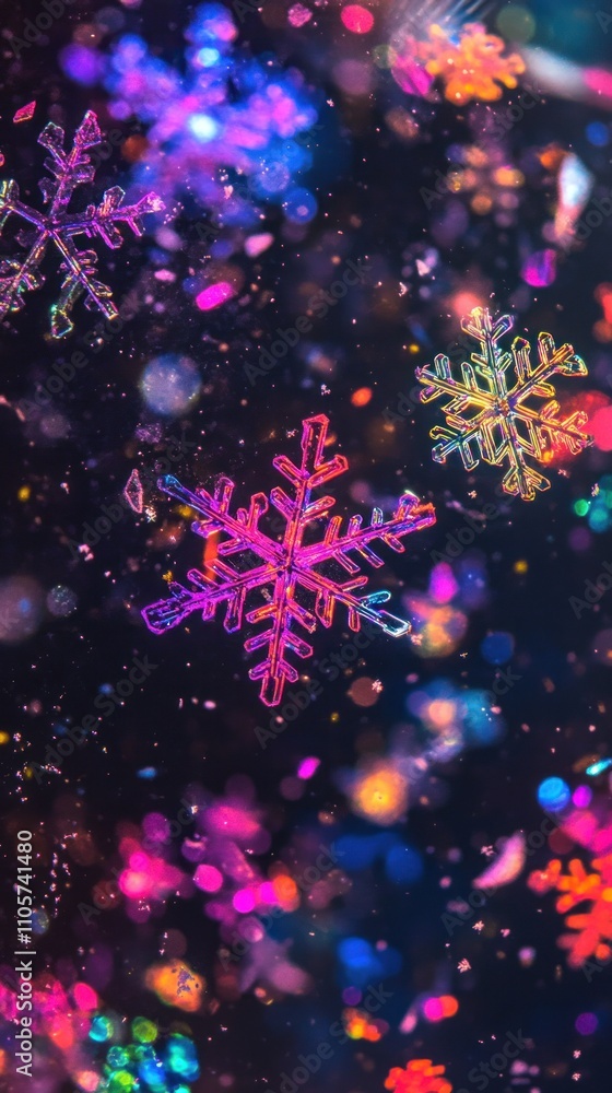 Poster colorful snowflakes falling against a dark background with sparkling lights, creating a magical wint