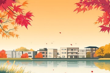 Autumnal Lakeside Townhouses Reflected in Calm Water