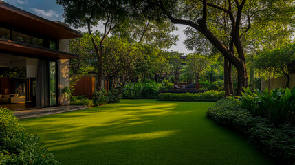 Spacious backyard of a contemporary home with well-manicured lawn, trees, and lush greenery