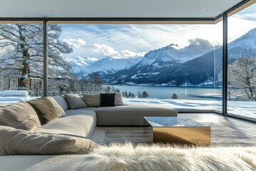 Modern Living Room Overlooking Snowy Mountain Lake