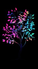 Vibrant Abstract Tree Design with Colorful Leaves in Neon Palette against Black Background for Eye-Catching Visuals and Artistic Creations