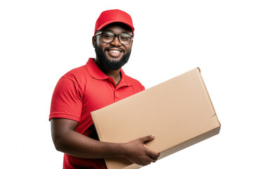 A happy delivery person stands isolated against a white background, wearing a red cap and shirt. He holds a large cardboard box, showcasing a friendly demeanor and readiness to deliver items.