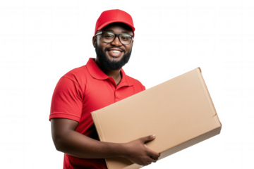 A happy delivery person stands isolated against a white background, wearing a red cap and shirt. He holds a large cardboard box, showcasing a friendly demeanor and readiness to deliver items.