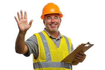A man in a safety vest and helmet greets with a smile while holding a clipboard. This cheerful construction worker appears confident and ready to assist, showcasing professionalism in a construction e