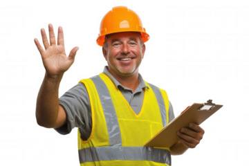 A man in a safety vest and helmet greets with a smile while holding a clipboard. This cheerful construction worker appears confident and ready to assist, showcasing professionalism in a construction e