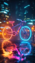 Neon Bicycle in a Urban Night Landscape with Reflections and Bright City Lights Showcasing a Vibrant and Futuristic Atmosphere