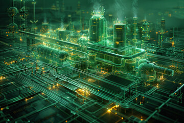 a futuristic view of the cityscape, made in a digital graphics style with predominant green and yellow colors.  