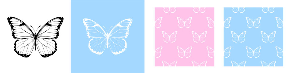 Vintage ink sketch butterfly vector line art illustration background and pattern for t-shirt, card, coloring, poster, banner and etc design. Minimalist and Simple Silhouette.