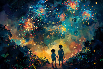 Two boys watching colorful fireworks in vibrant night sky, surrounded by nature beauty, creating magical and joyful atmosphere