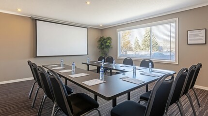 Fototapeta premium Business meeting room with vacant chairs, symbolizing the importance of preparation and anticipation in professional environments.