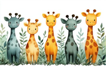 Fototapeta premium A colorful illustration of five cheerful giraffes among green foliage.