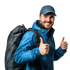 A man with a cheerful smile gives a thumbs up while wearing a blue jacket and cap. He carries a large black backpack, indicating he is prepared for an outdoor journey or hiking trip.