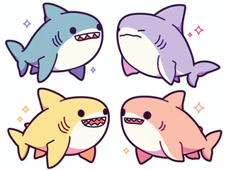 Four Cute Cartoon Sharks