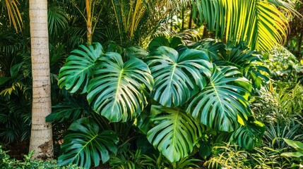 Fototapeta premium A lush monstera plant next to a palm tree in a tropical garden setting
