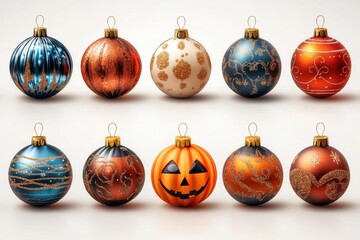 A set of various random seasonal decorations in full detail, isolated on a transparent background The collection includes a variety of Christmas ornaments, Halloween pumpkins, and Easter eggs, 