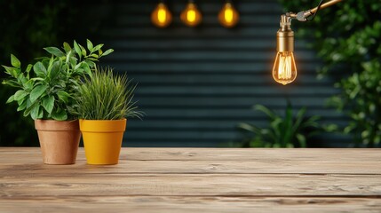 Cozy Home Decor with Potted Plants and Vintage Bulb on a Wooden Table