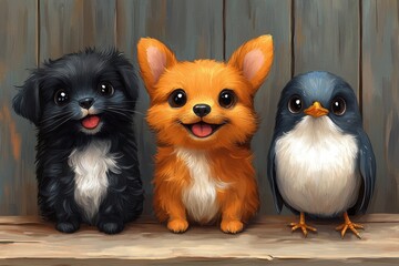 Obraz premium A cute black puppy, an orange corgi, and a small bluebird smiling together on a wooden shelf.