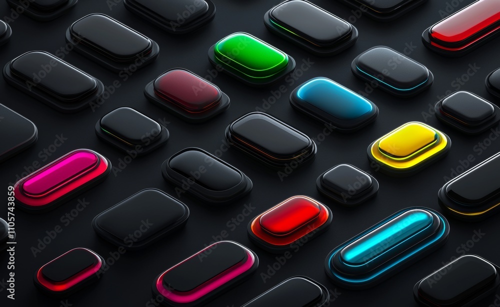 Poster a design featuring vibrant, illuminated buttons set against a dark backdrop.