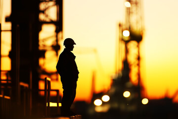 Silhouette of a driller against the backdrop of a drilling rig