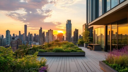Rooftop garden with cityscape sunset view.