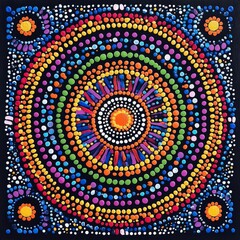 Colorful dot painting; concentric circles, floral motifs.