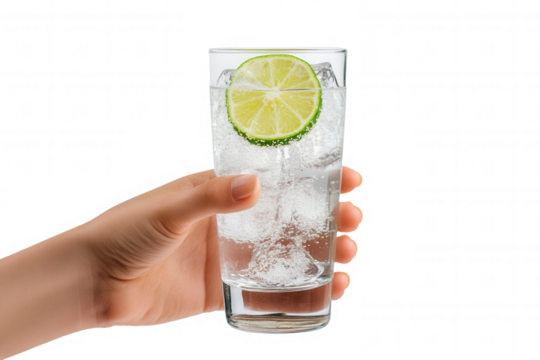 A hand holds a tall glass filled with sparkling water, ice cubes, and a slice of lime resting on the rim. The transparent background enhances the drinks refreshing appeal, making it perfect for warm d