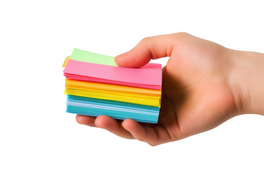 A hand is holding a stack of vibrant sticky notes in various colors including pink, yellow, green, and blue. The background is transparent, emphasizing the notes. This setup is ideal for organization 