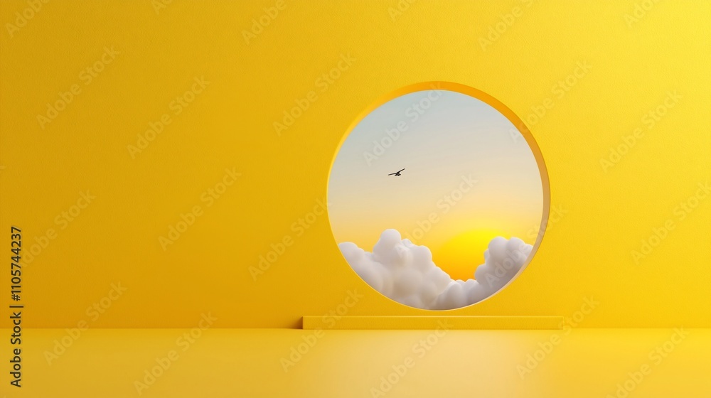 Poster empty yellow room with a circular window showing a sunset over clouds.