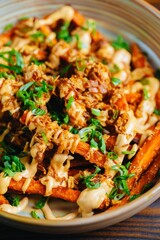 Loaded sweet potato fries with toppings.