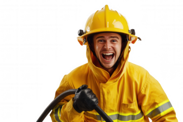 A firefighter joyfully holds a fire hose, dressed in a bright yellow uniform and helmet. The background is transparent, emphasizing the firefighters enthusiastic expression and readiness for action.