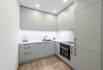 Classic Bright Home Kitchen Interior. Oven, Sink, Fridge. Minimalistic Interior Design. LED Lights, Hardwood Wooden Floor. White Walls.