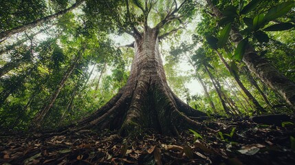 A majestic, towering tree in a lush forest, showcasing its impressive trunk and sprawling branches.