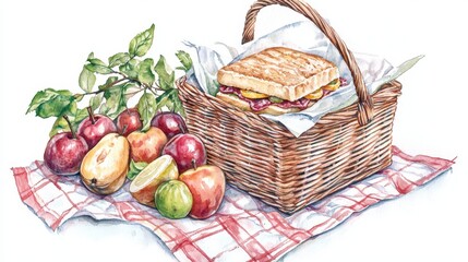 A watercolor depiction of a picnic basket filled with bread, fruit, and a blue and white napkin.