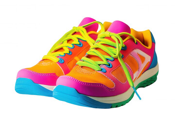 Brightly colored athletic shoes feature a combination of pink, orange, and turquoise with playful laces. Perfect for sports activities, these shoes stand out with their energetic hues and unique style