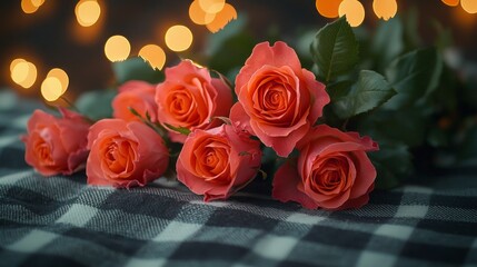 Floral bouquet Red pink roses lies on a bed with a checkered plaid with bokeh lights around.