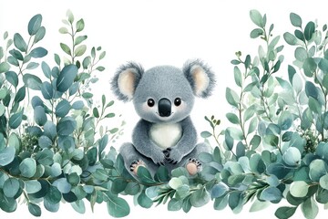 A cute koala surrounded by green foliage, ideal for children's decor or nature-themed designs.