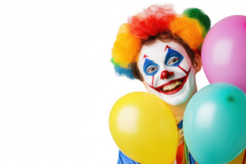 A cheerful clown with vibrant rainbow hair and painted face beams broadly while holding colorful balloons. The background is transparent, emphasizing the festive atmosphere of a celebration, party, or