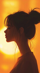 Silhouette showcases a tranquil profile against a golden sunset, capturing the essence of evening calm and introspection in a serene setting.