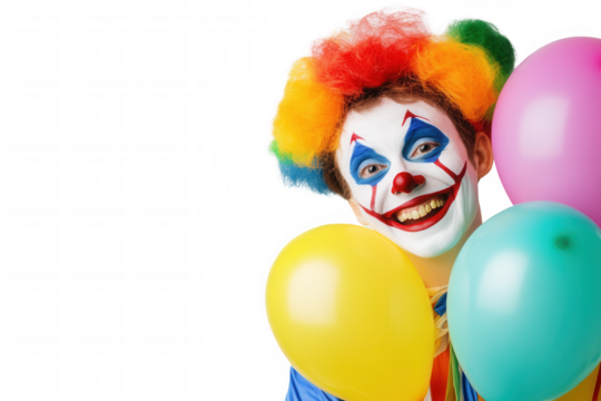 A cheerful clown with vibrant rainbow hair and painted face beams broadly while holding colorful balloons. The background is transparent, emphasizing the festive atmosphere of a celebration, party, or