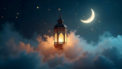 Naklejka premium Crescent moon and hanging lantern floating among clouds, spiritual Islamic night background
