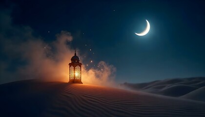Fototapeta premium Warm Light of Islamic Lantern in Desert Night with Soft Mist and Crescent Moon