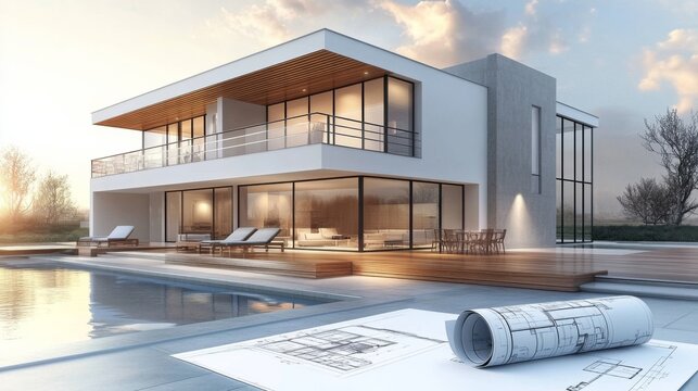 Modern cottage concept in 3D illustration based on blueprint design, isolated on white background.