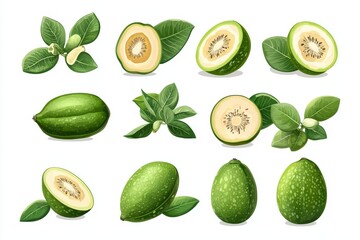 Fresh avocados and melons with leaves, arranged on a white background.